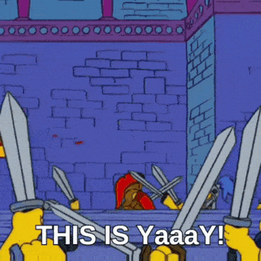a cartoon character holding swords with the words this is yaaay