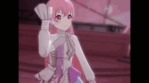 a pink haired anime girl in a white and purple dress is waving her hand .