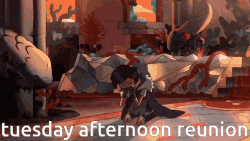a cartoon of a girl kneeling down with the words tuesday afternoon reunion written below her .