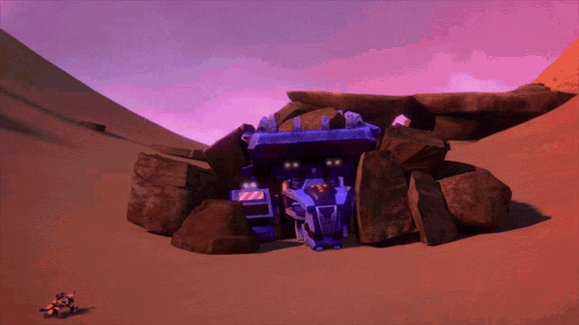 a purple robot is standing in the middle of a rocky area