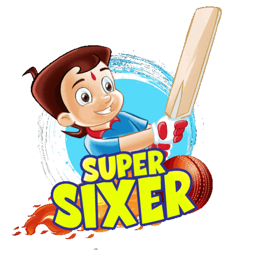 a cartoon of a boy holding a cricket bat with the words super sixer behind him