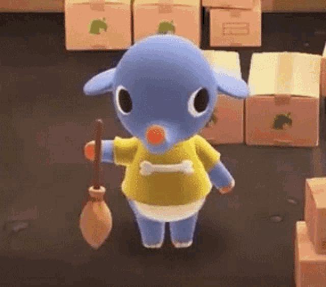 a blue animal crossing character is holding a broom in a room .