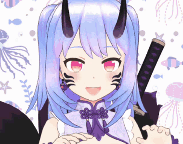 a girl with horns is holding a sword and smiling