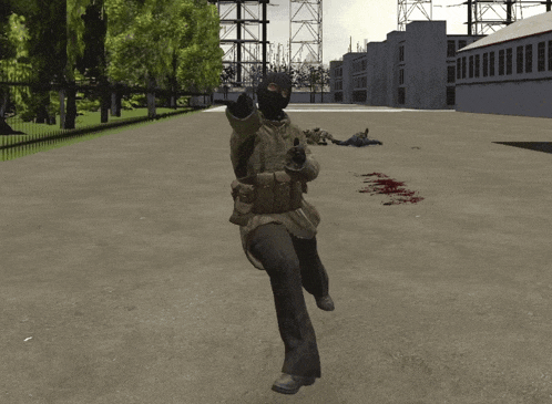 a man wearing a mask is standing in a field