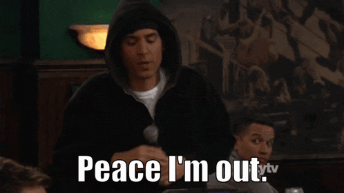 a group of people sitting at tables in a restaurant with the words peace i 'm out on the bottom