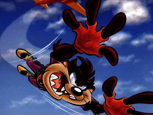 a cartoon character is falling through the air with a plane in the background