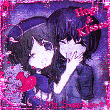 a picture of a boy and a girl with the words hug and kisses written above them