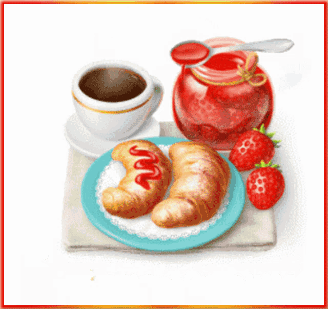 a cup of coffee a croissant a jar of jam and strawberries on a table