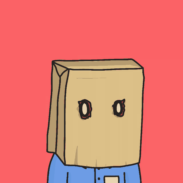a cartoon character with a cardboard box on his head