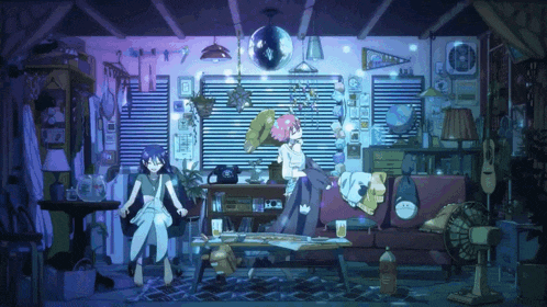 a couple of anime characters are dancing in a room