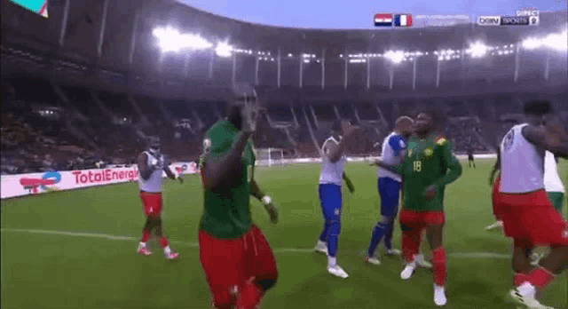 a group of soccer players are dancing on the field during a game .