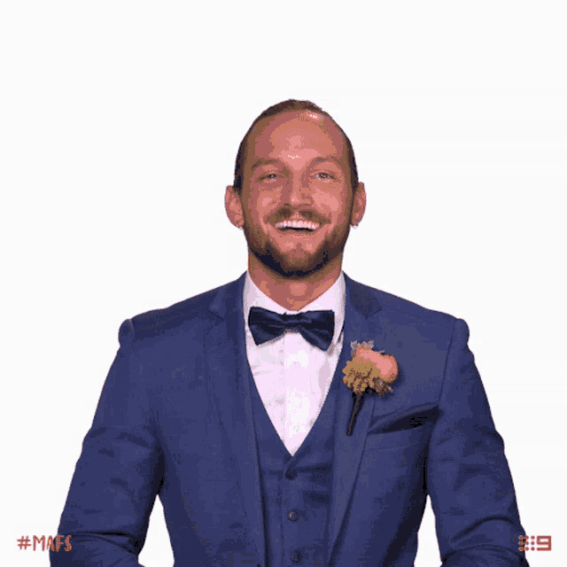 a man in a blue suit with a bow tie and a flower in his pocket