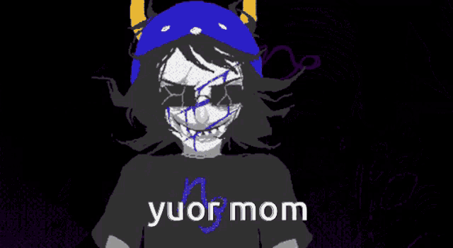 a cartoon character with a purple background and the words yuor mom