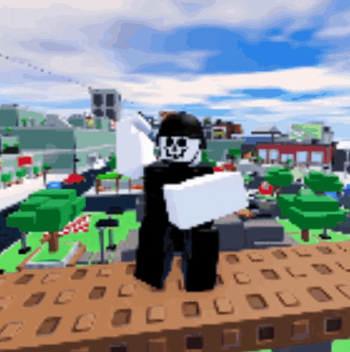 a cartoon character with a skull on his head is standing on a wooden board