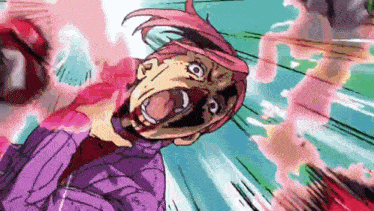 a cartoon character with pink hair is screaming with his mouth open in a cartoon .
