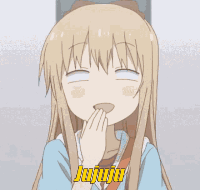 a girl with her eyes closed has the word jujuju on the bottom right