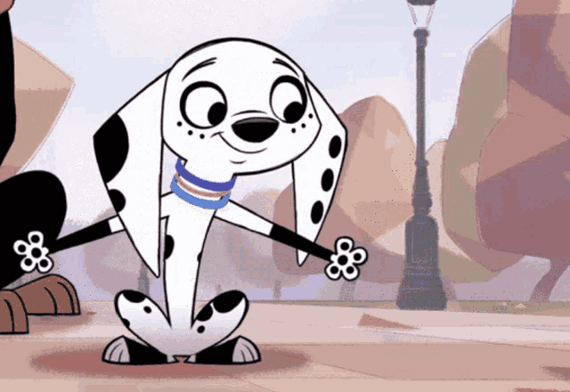 a cartoon dalmatian dog is holding a flower in its paws