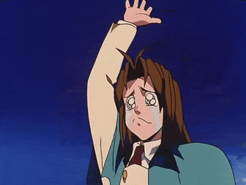 a cartoon character with tears running down her face holds up her hand