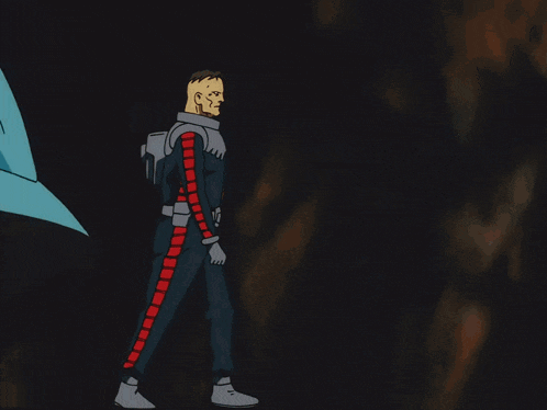 a cartoon of a man standing in front of a large blue robot