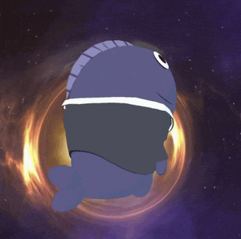 a blue fish with a yellow beak is flying through a black hole