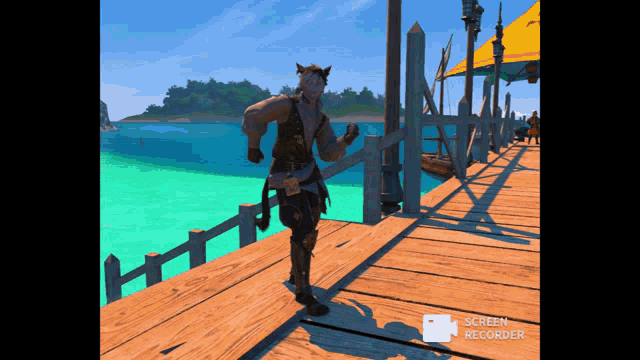 a screen recorder shows a person walking on a wooden pier