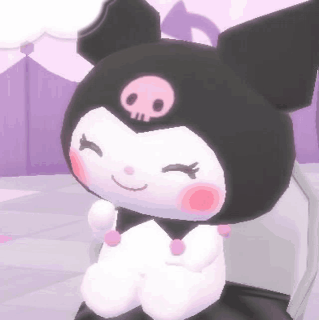 a 3d rendering of a kuromi doll sitting in a chair with her eyes closed .