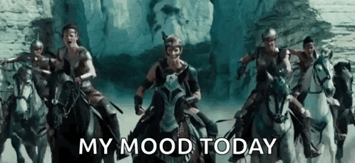 a group of people riding horses with the words `` my mood today '' written below them .