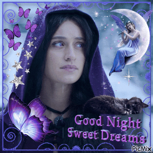 a picture of a woman and a cat with the words good night sweet dreams