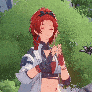 a girl with red hair is wearing gloves and a braided headband