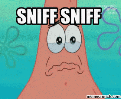 patrick star from spongebob squarepants is making a sad face and saying sniff sniff