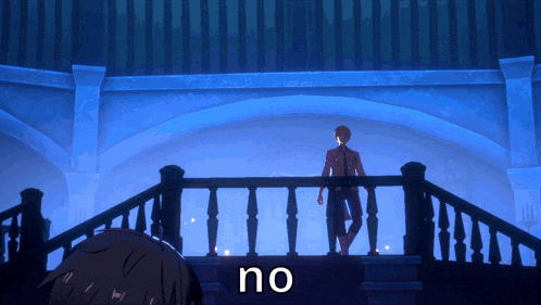 a man is standing on a balcony with the word no written below him