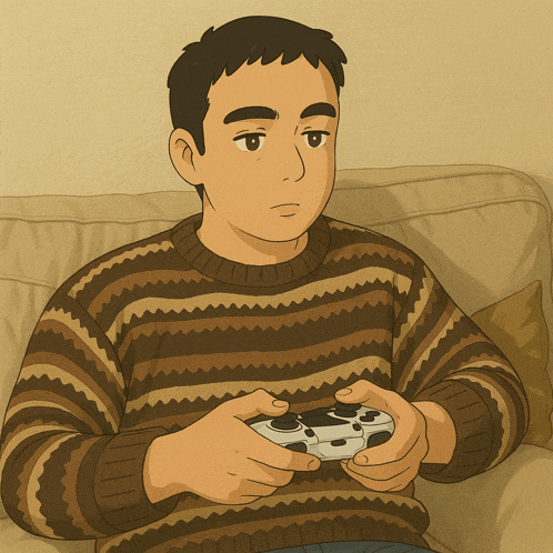 a man in a striped sweater is holding a video game controller