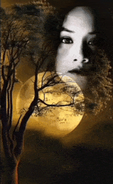 a painting of a woman 's face with trees and a full moon behind her