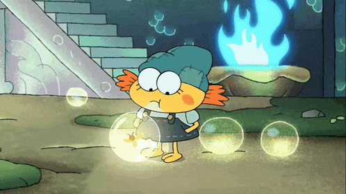 a cartoon character is blowing soap bubbles in front of a blue fire