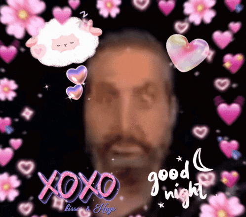 a man with a beard is surrounded by pink hearts and flowers and the words good night