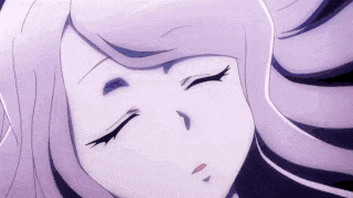 a close up of a purple haired anime girl sleeping with her eyes closed .