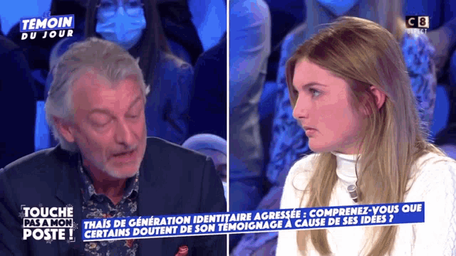 a man and a woman are having a conversation on a television show called temoin du jour