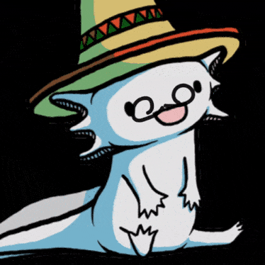 a cartoon drawing of a blue axolotl wearing a sombrero