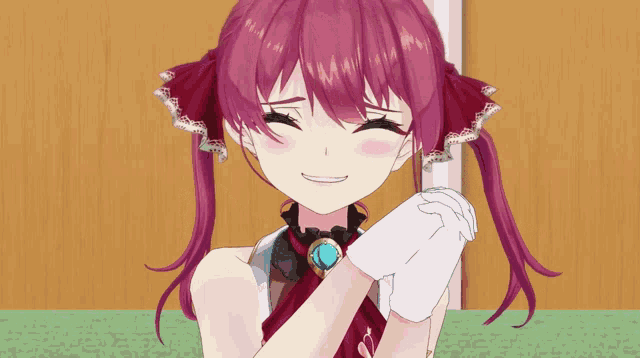 a girl with purple hair and white gloves smiles