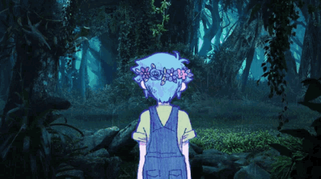 a girl with a flower crown on her head is standing in a dark forest