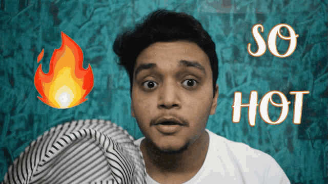 a man with a surprised look on his face is standing in front of a sign that says so hot