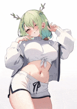 a girl with green hair and antlers is wearing shorts and a white sweater