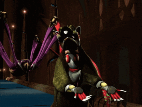 a computer generated image of a monster with a purple bat in the background
