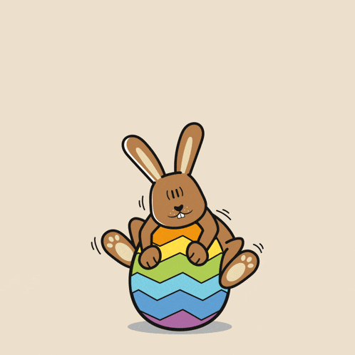 a cartoon bunny holding a rainbow colored egg with the words frohe ostern written above it