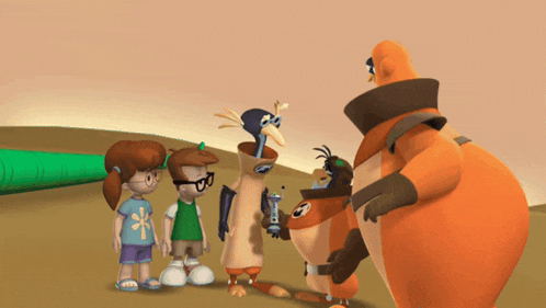 a group of cartoon characters standing next to each other including a girl with a flower on her shirt