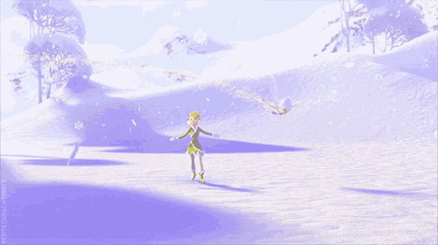 a girl in a green and yellow outfit stands in a snowy field