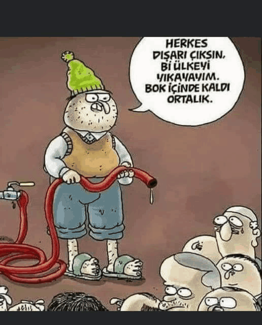 a cartoon of a man holding a hose and a speech bubble .
