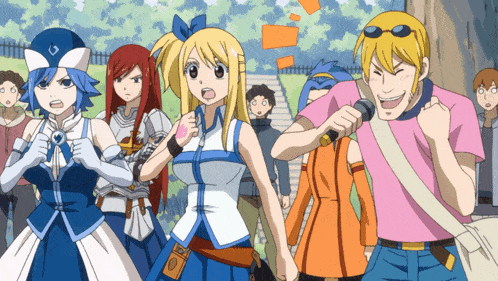 a man in a pink shirt is holding a microphone in front of a crowd of anime characters