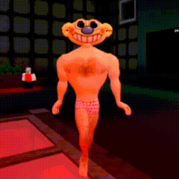 a cartoon character without a shirt and underwear is walking in a room .