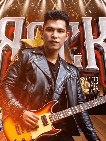 a man in a leather jacket is holding a guitar in front of a rock sign